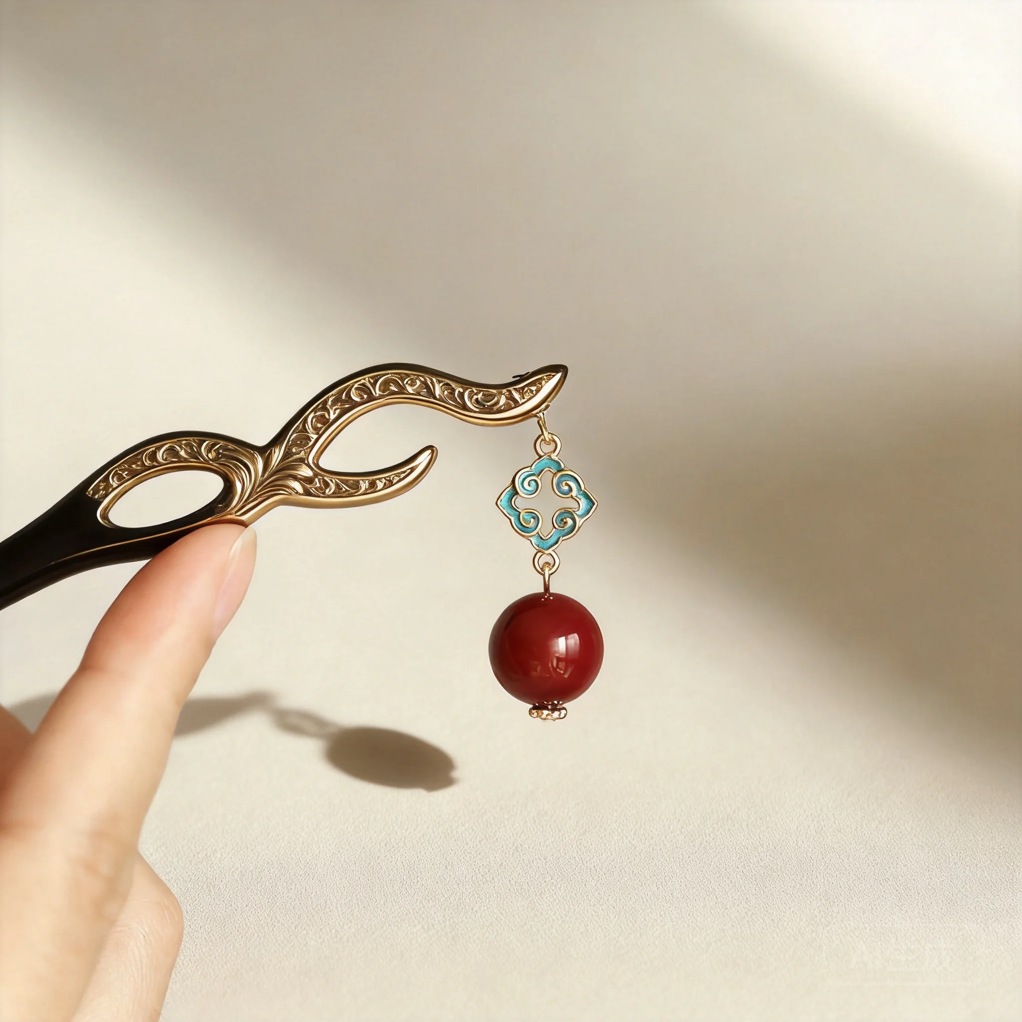 Chinese Style Good Luck Success Natural Ebony Wood Hair Stick With Cinnabar Bead Auspicious Cloud Pendant Vintage Traditional