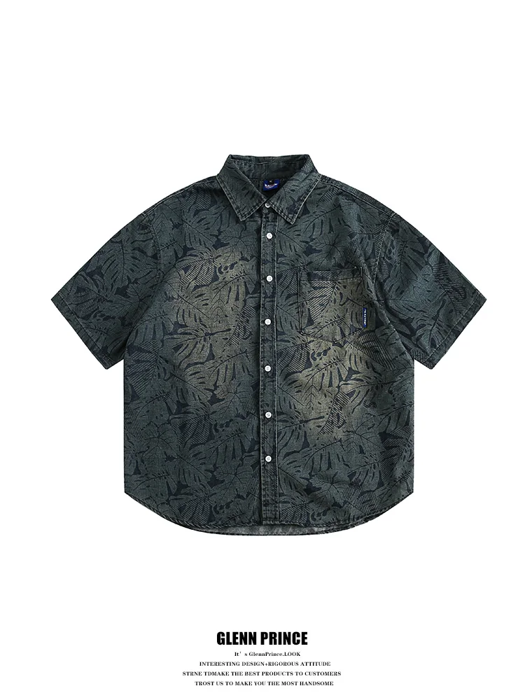 GPstudio Retro Plant Print Washed Denim Short Sleeve Men's Summer High-End Feeling Cool Shirt Jacket Loose Fit Cotton Polyest...