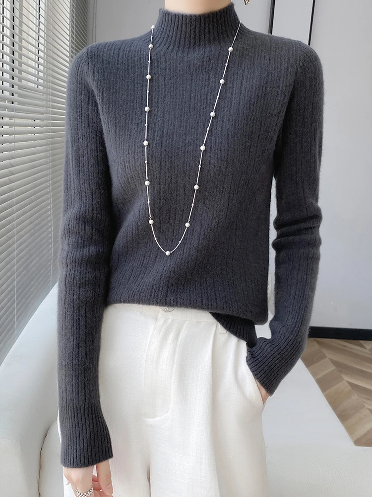 Confortável quente macio feminino mock neck pulôver 100% lã merino camisola de malha outono inverno feminino manga longa roupas topos