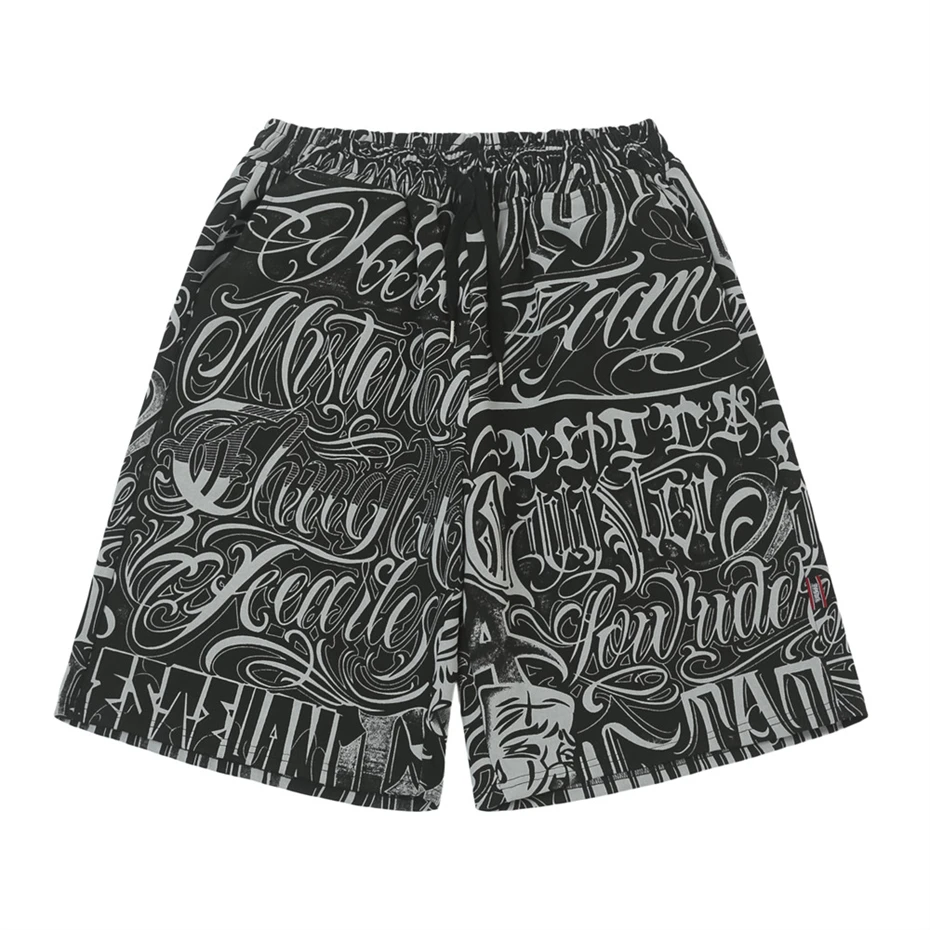 Summer Mens Casual Short Streetwear Y2k Punk Full Print Loose Pants Men Hip Hop Elastic Waist Knee-length Wide Leg Shorts