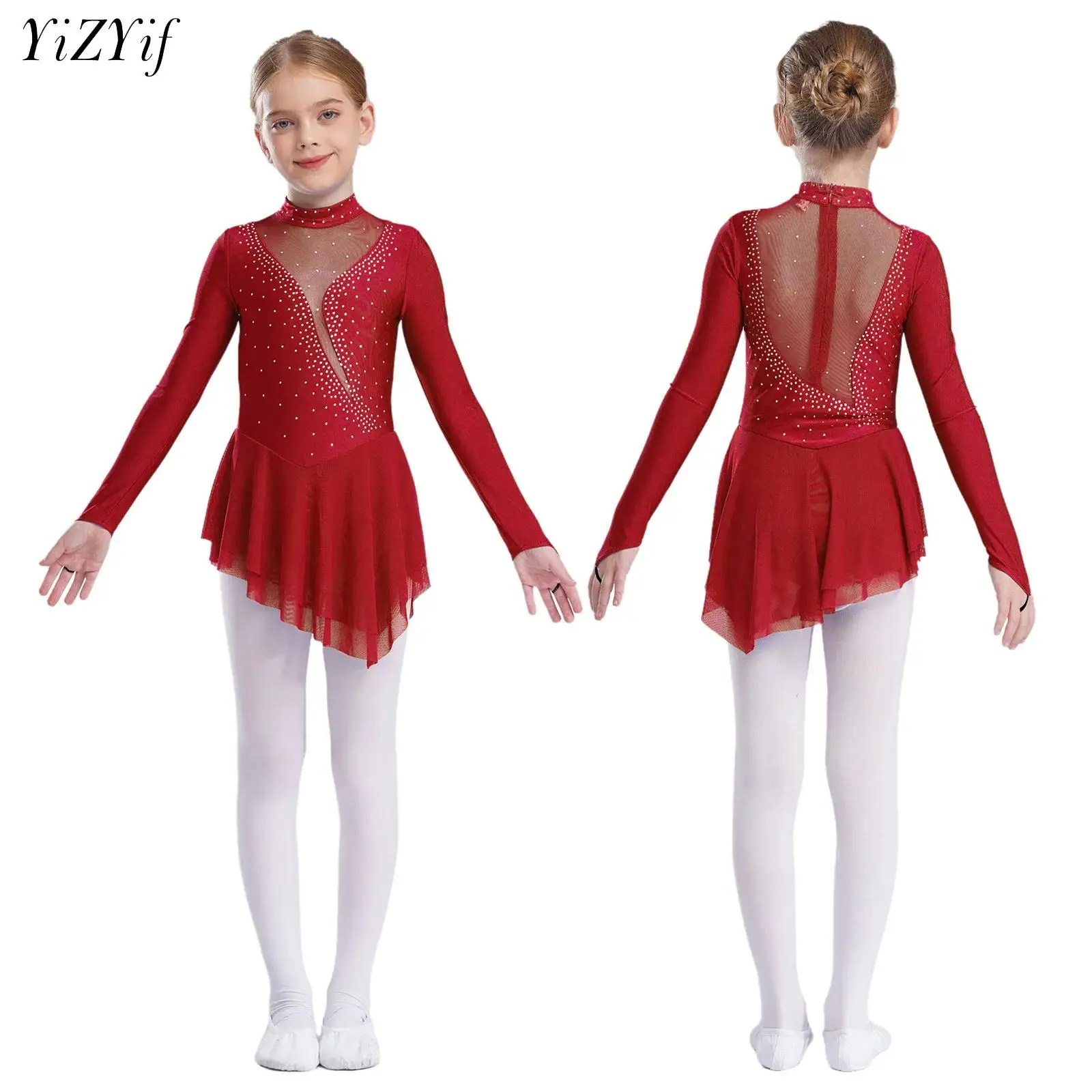 Kids Girls Ballet Figure Skating Lyrical Leotard Dance Dress Gymnastic Sheer Mesh Rhinestone Dancewear Stage Performance Costume