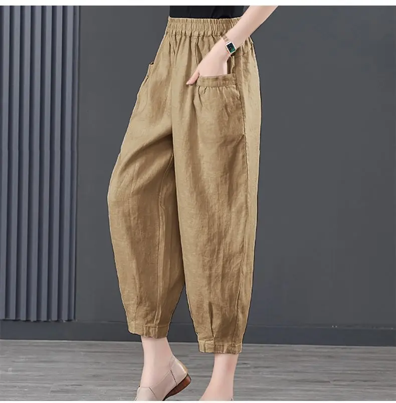 Ice Silk Cotton Linen Pants For Women Spring Summer Elastic High Waist Harlan Pant 2024 New Casual Loose Thin Ankle-Length Pants