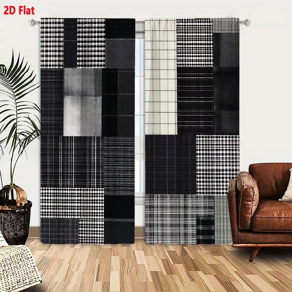 2Pcs Curtains 2D Flat Monochromatic Patchwork Textile Patterns With Plaid Tartan And Gingham Motifs In Black White And Gray Wind