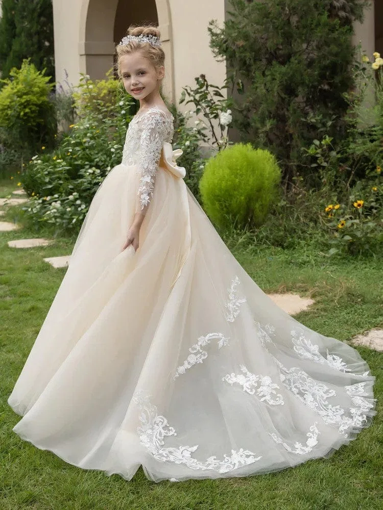

Children's First Communion Ball Gown Wedding Party Bridesmaid Dress Kids 3-9 Years Lace Tulle Flower Girl Dress Up Buttons Bows