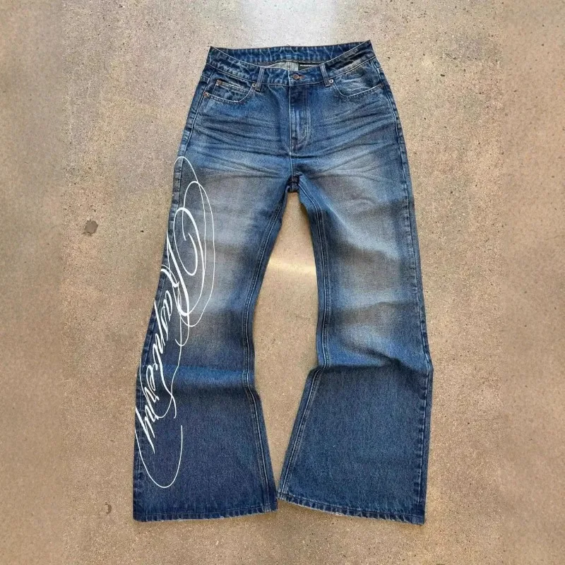 Deeptown Mavi Mektup Grafik Baskı Kot Kadın Harajuku Vintage Yıkanmış Geniş Bacak Düz Kot Pantolon Baggy Hip Hop streetwear