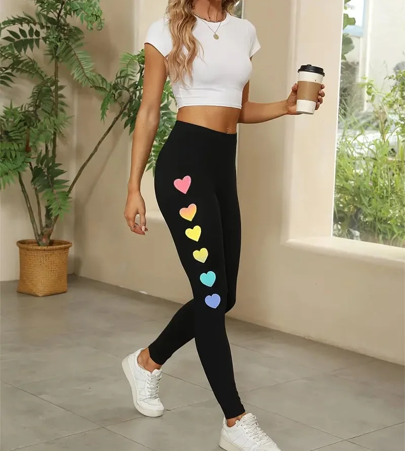 Rainbow Love print Casual elastic elastic waist slim-fit leggings Home out work travel Wearing comfortable leggings for women