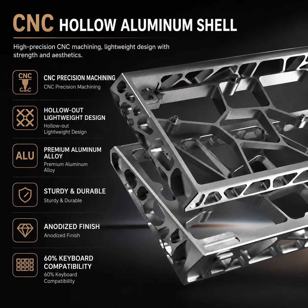 60HE GH60 Holy60 Hollow Aluminum Keyboard Case Shell 60% Mechanical Keyboard for Wooting Mad 60HE Raven61 Aula Win60 GT60