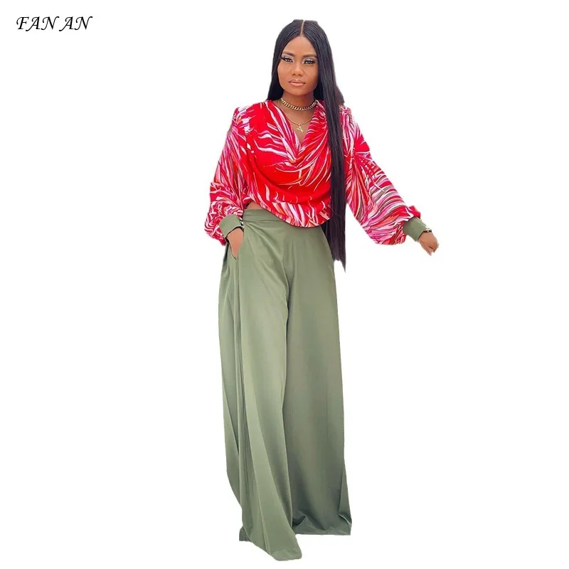 

Spring new printed lantern sleeve shirt wide leg trousers leisure set ladies spring summer leisure commute wide leg two-piece