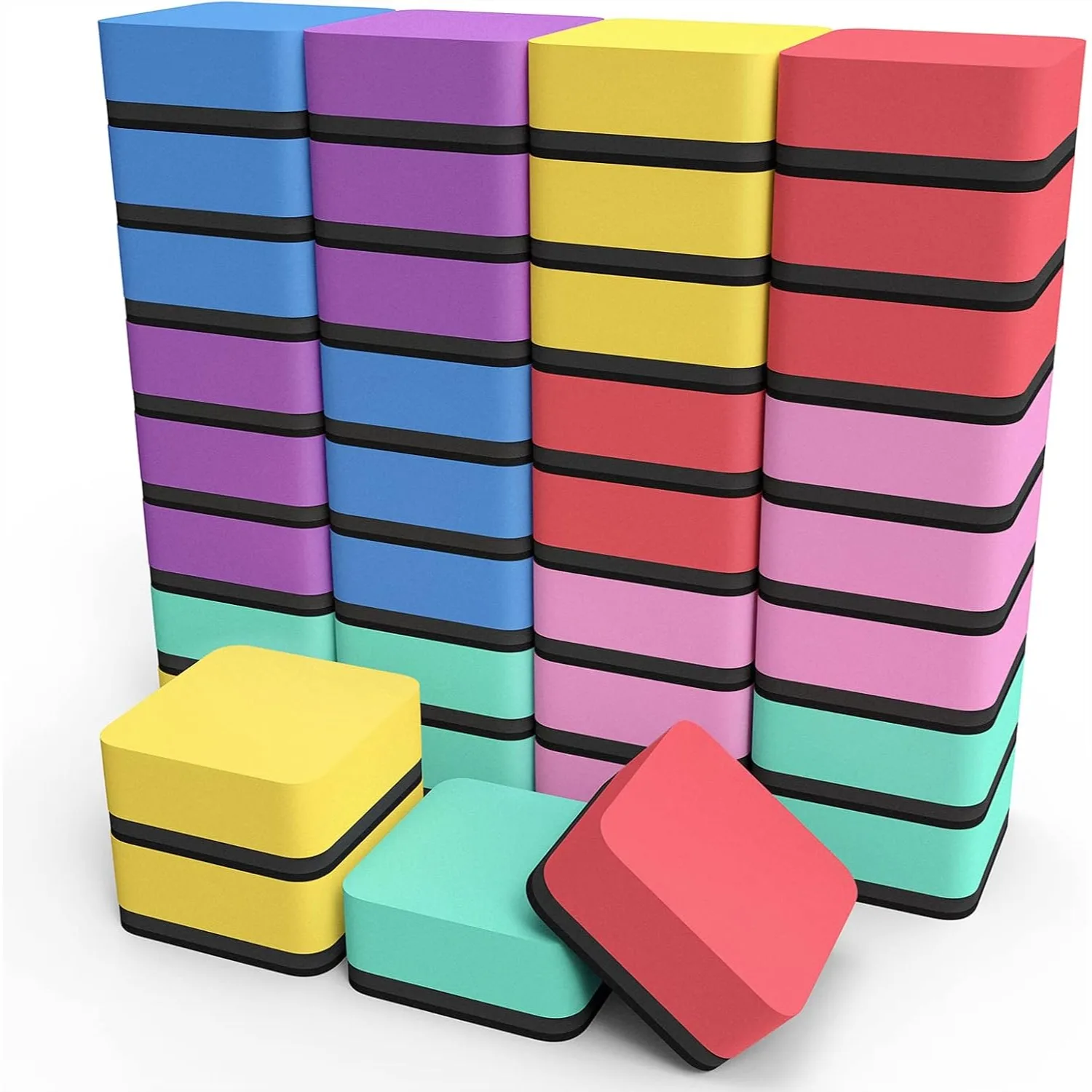 36 Pack Magnetic Whiteboard Erasers, 6 Colors Mini Cleaning Pads with Strong Magnetic Backing, 2x2 inch for Classroom Office