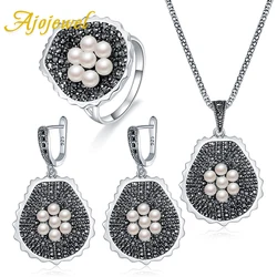 Ajojewel Luxury Retro Pearl Flower Wedding Jewelry Set Women Big Chunky Necklaces Black Ring Earrings With Rhinestones