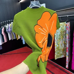 Pleated Top Women's New Summer Loose Thin Printed Short Sleeve High Elastic Pleated T-shirt women clothing