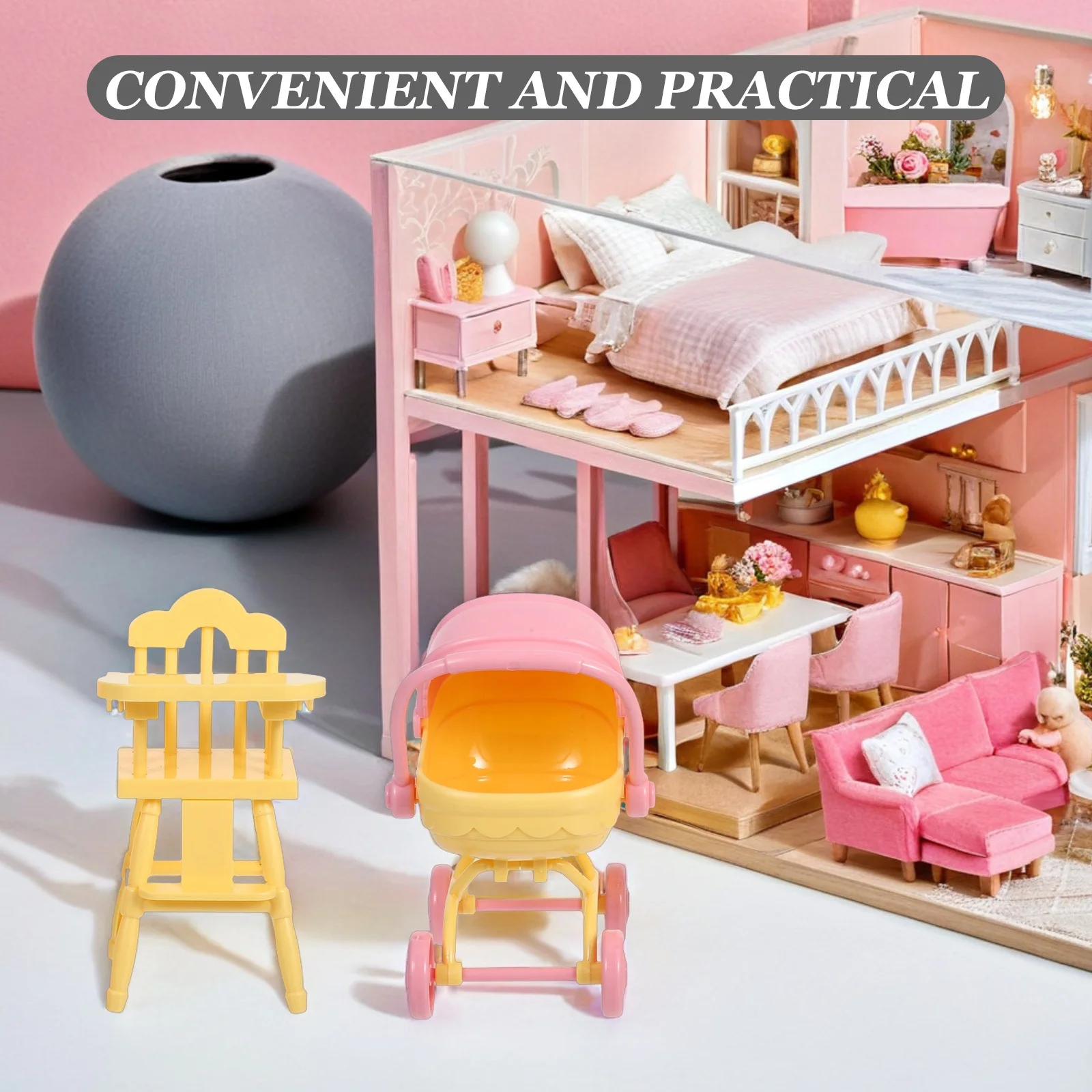 1 Set Miniature Dollhouse Accessories Baby Stroller Highchair Pretend Play Furniture For Kids Birthday Gifts Realistic Nursery