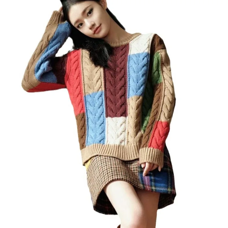 Vintage Contrast Sweater Autumn and Winter New Round Neck Fried Dough Twists Loose Knit Blouse