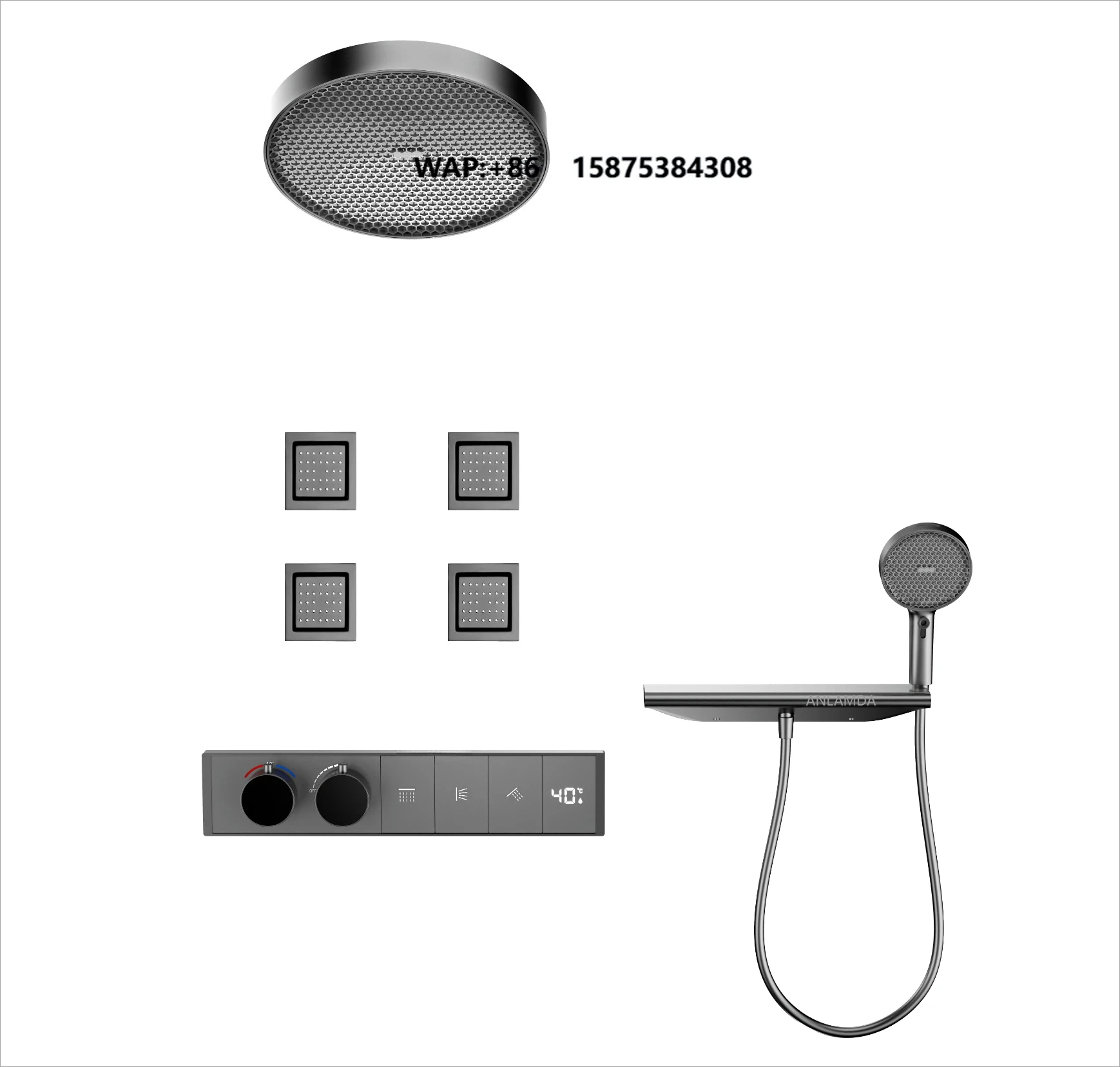 2025 Gray Matte Black Concealed Wall Mounted 3 Way Outlet Digital Display Rain Shower System Set with Body Jets
