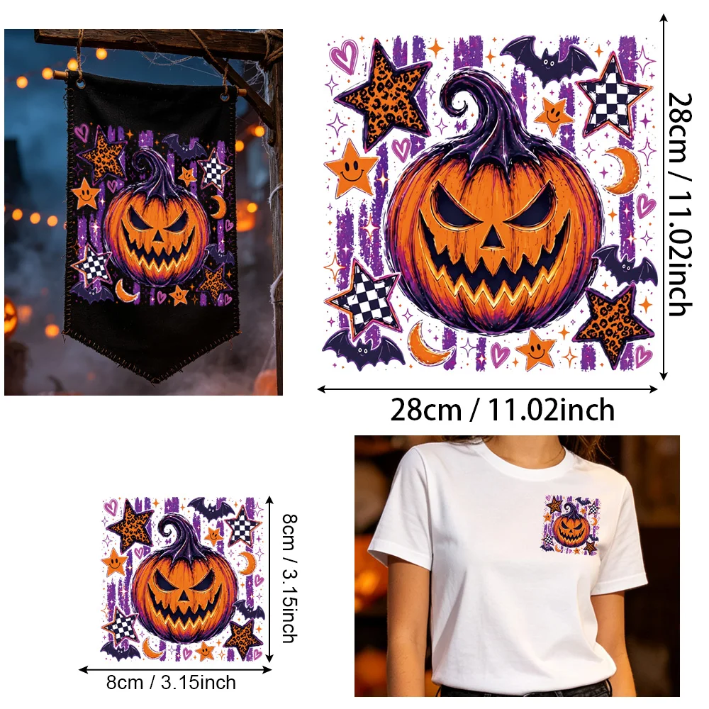 2Pcs Spooky Jack O Lantern Star HTV, Iron-on for Pillow Covers, Wash Safe No Crack No Distort, Strong Bond Cotton Canvas