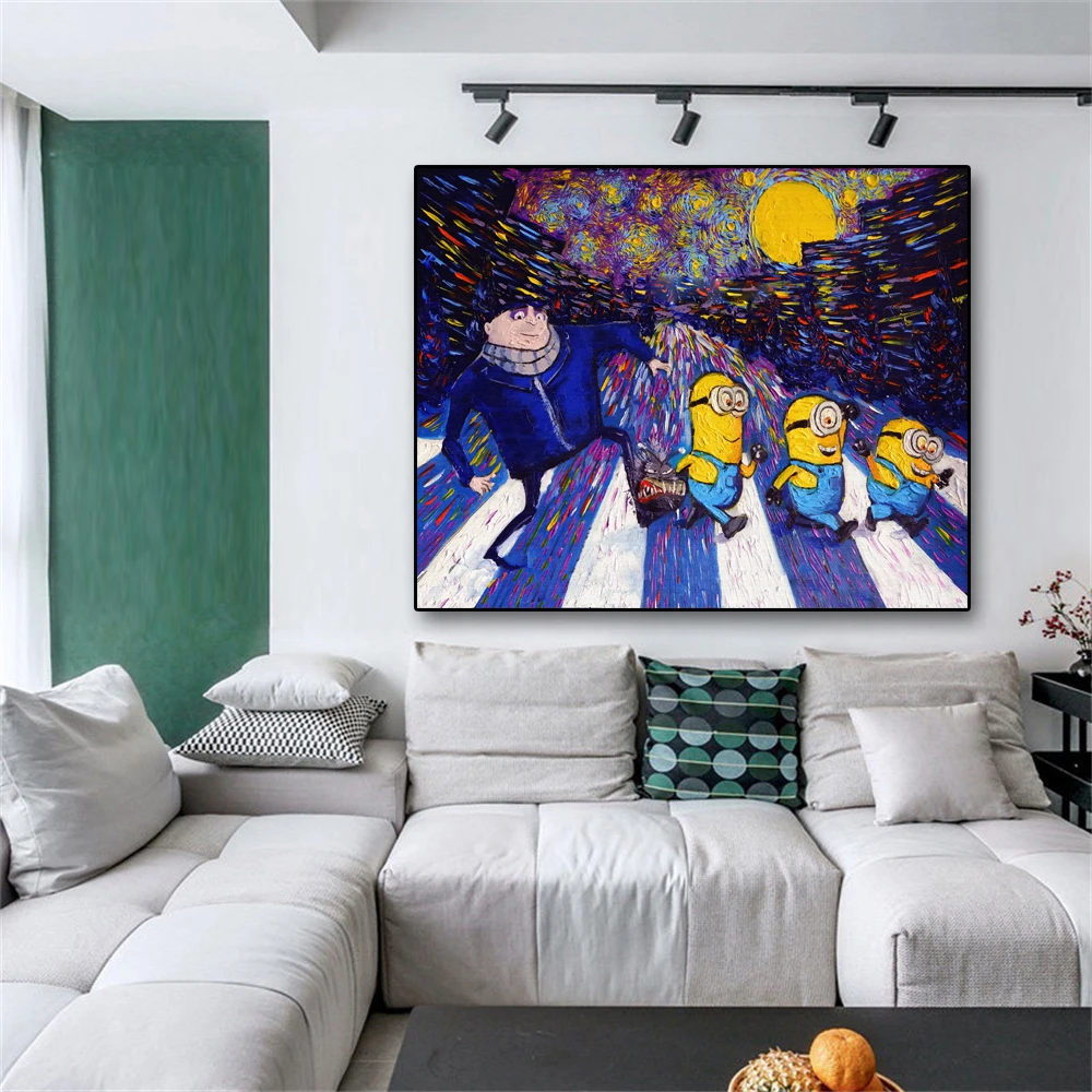 MINISO Minions Van Gogh Starry Night Poster Canvas Painting Minions Wall Art Canvas Painting For Kids Bedroom Nursery Decor Wall