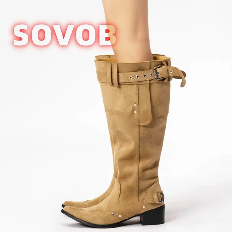 Western Cowboy Knee High Boots, Women's Faux Suede Pointed Toe Boots with Buckle Straps, Retro Block Heel Riding Boots,35-40