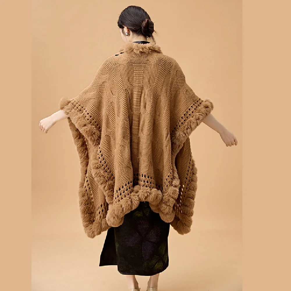 2 Style Winter Knitted Thick Warm Poncho Shawl Cape Mantle String Faux Fur Cloak Loose Bat Sleeves Hollow Out Wear Long Overcoat