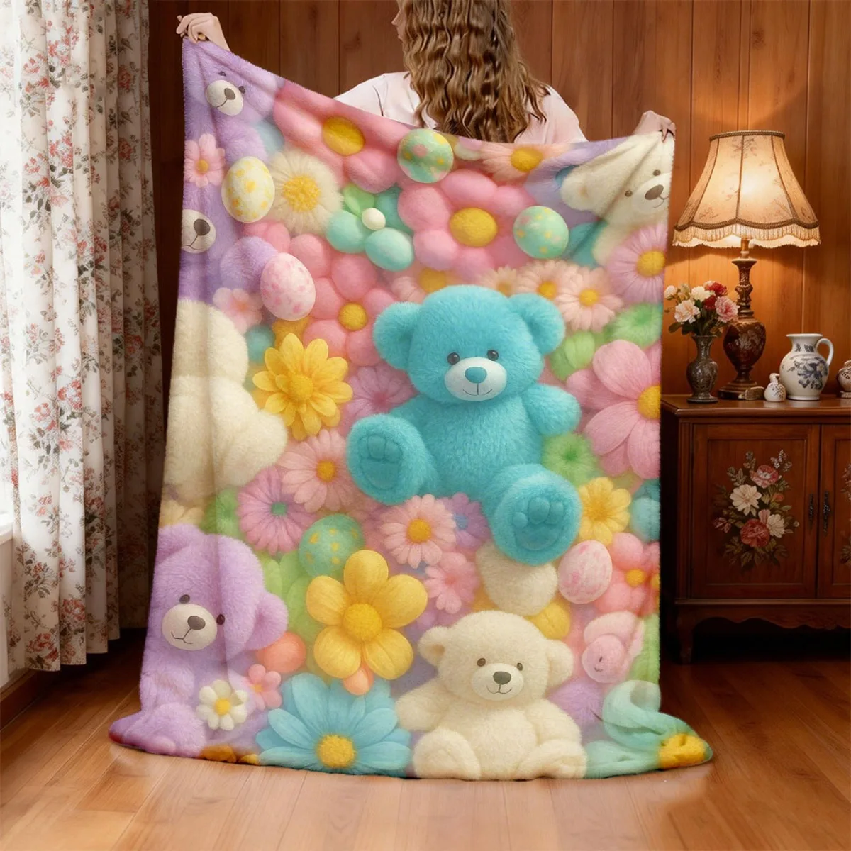 3D Cartoon Teddy Bear And Floral Print Plush Throw Blanket, Soft Warm And Lightweight, For Napping Travel And Office Decor, 1pc,