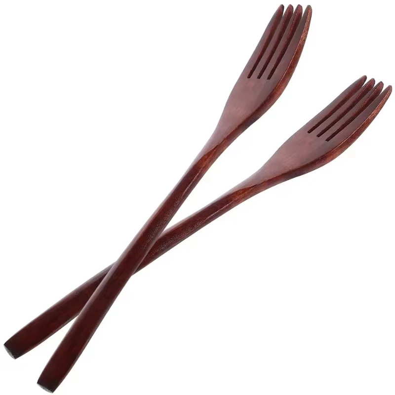 2Pcs Long Handle Wooden Fork Medium Dinnerware Cooking Wood Cookware Bento Box Accessories