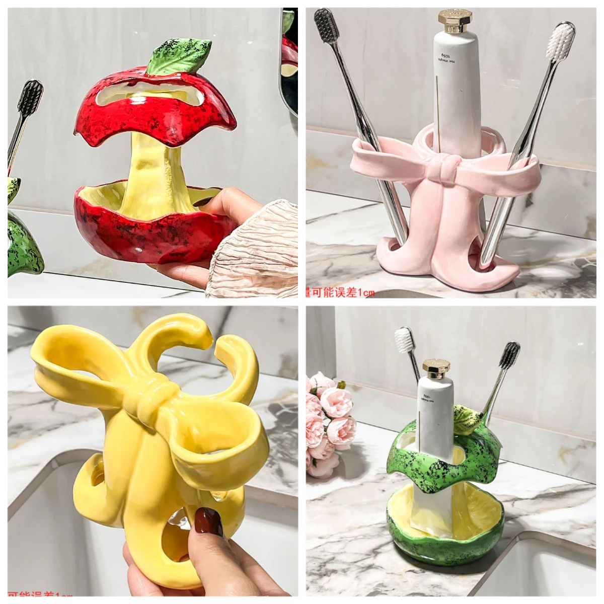 Cute Red Apple Toothbrush Toothpaste Rack Toilet Bathroom Washstand Toothware Storage Rack Ceramic Shelf