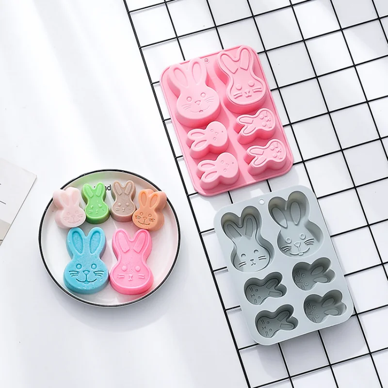 Molde para hornear de silicona con 6 cavidades, conejito de varios estilos, pastel de Chocolate, galleta, juego de Fabricación de hielo, vela, molde de jabón, decoración de cumpleaños