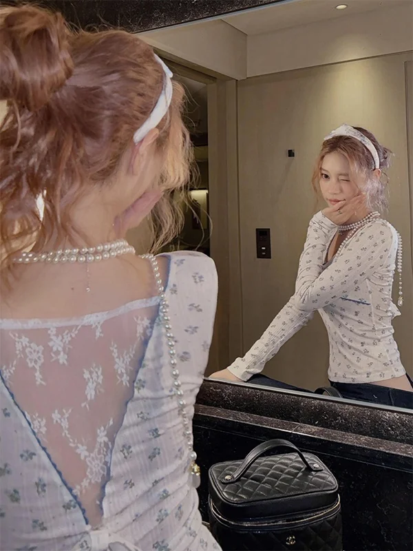 ホワイトレースフローラルロングSve T-irt レディース Vネックベースレイヤーインナーウェア通勤Sle韓国版スリムフィット通気性