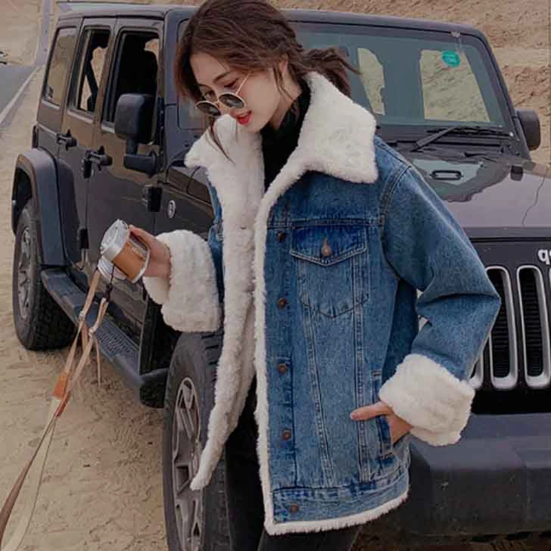 Add Velvet Thick Lamb Wool Jacket Denim Women Autumn Winter Korean Jeans Denim Outerwear Ladies Loose Fried Street Vintage Coat