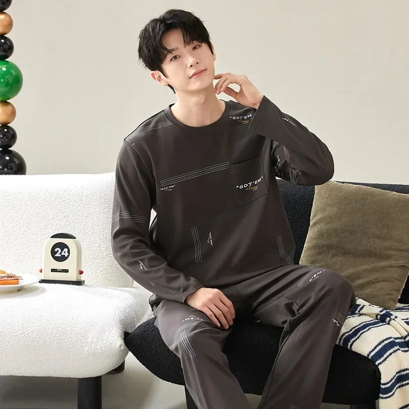 2Pcs Set Cotton Men's Long Sleeves Nightwear Autumn and Spring Pajamas Set Korean Fashion Loungewear L-3XL Pjs Pyjamas Hombre