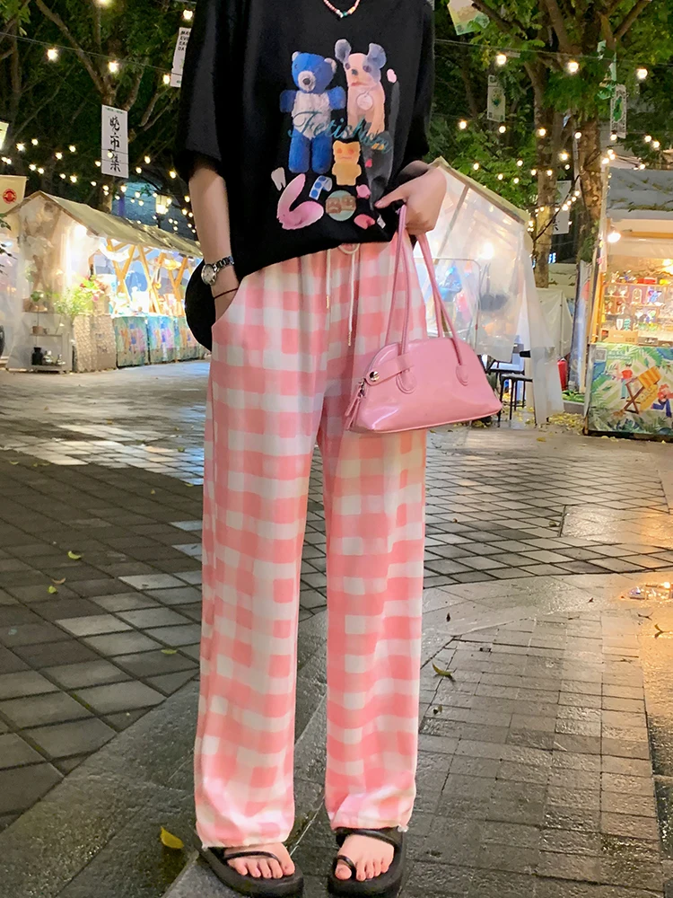 

High Waist Wide Leg Casual Pants Pink Plaid Dstring Straight Leg Thin Long Trousers Korean Sle Commute Faion