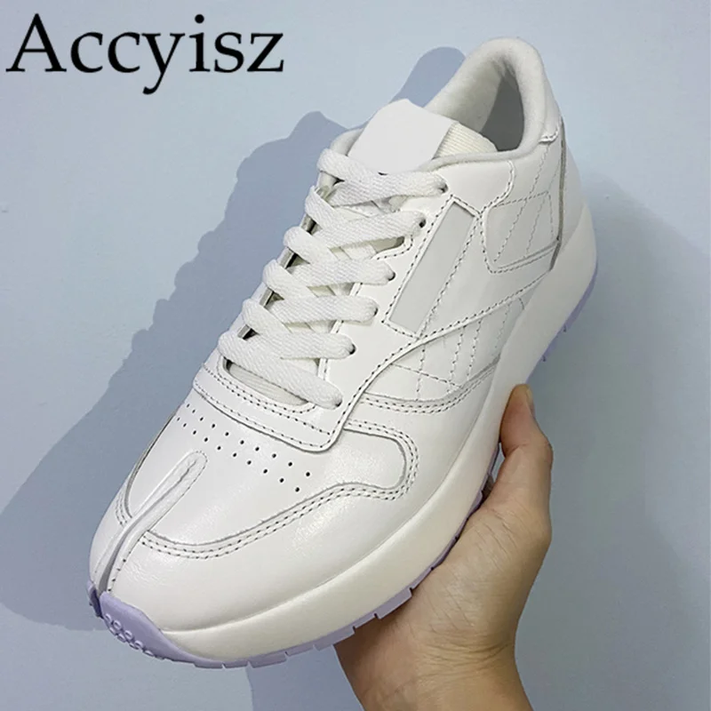 

Genuine Leather Split Toe Breathable Sneakers Thick Sole Tie Up Solid Color Casual Shoes Spring Autumn Walking Shoes Unisex 2024