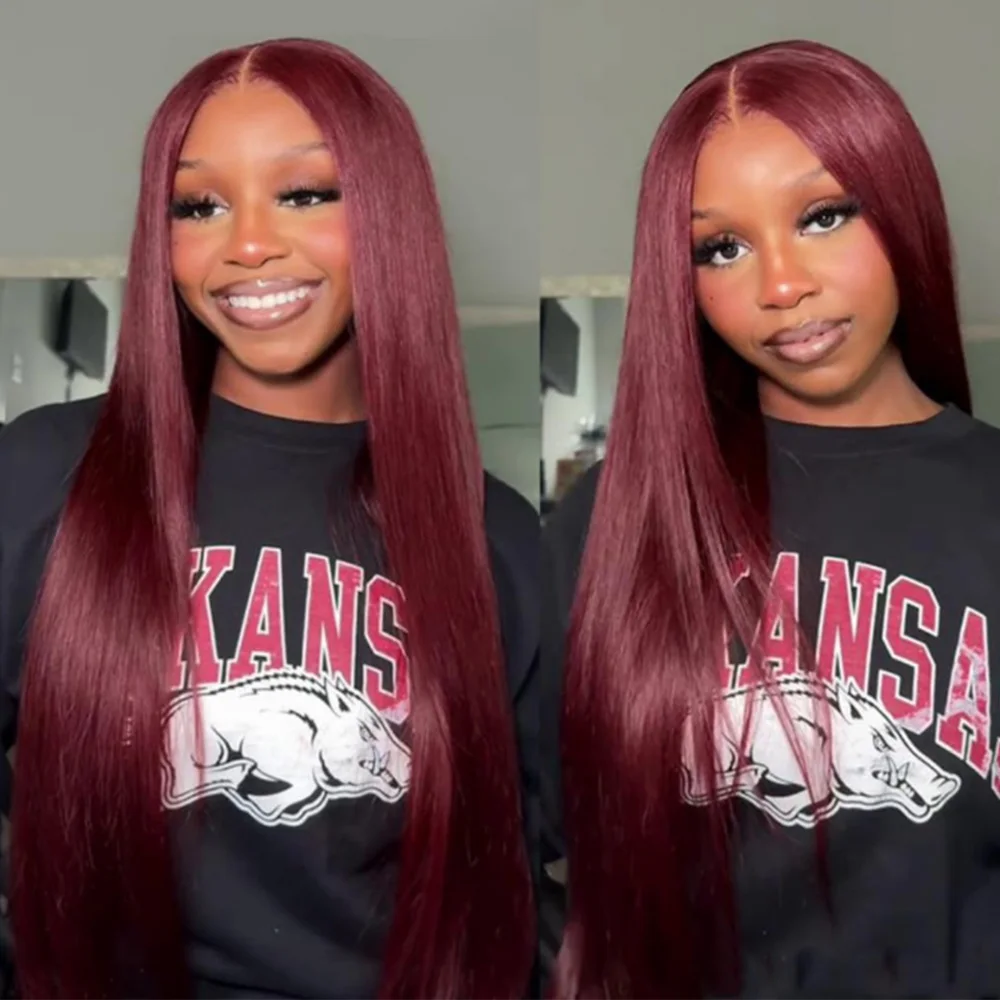 

Burgundy 13x6 HD Lace Frontal Human Hair Wig Straight 13x4 HD Transparent Lace Front Wigs for Women 99J Colored 220 Density Wigs