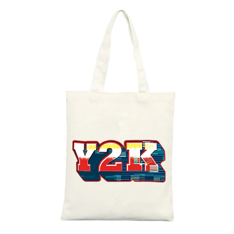 Y2K Typography Canvas Tote Bag, Retro Graphic Style for Casual Shopping and Daily Use