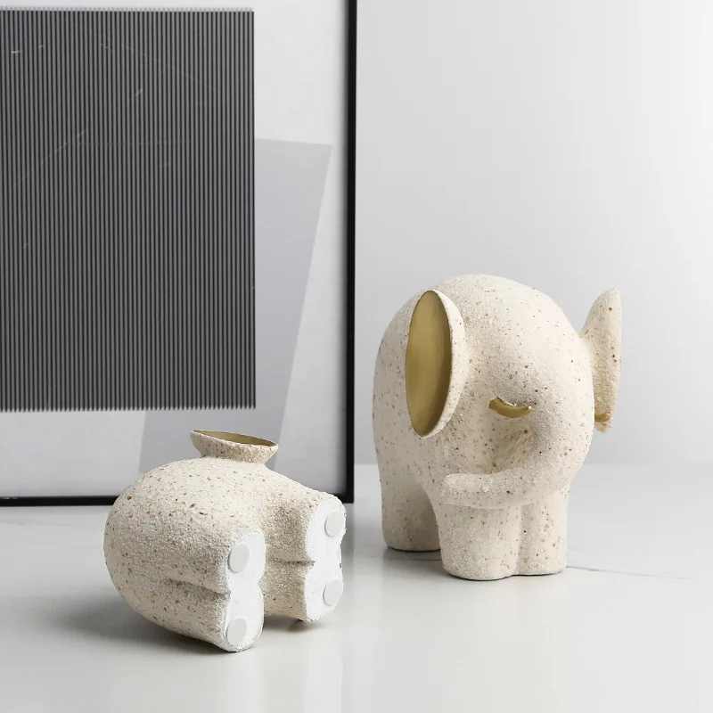 Nordic Minimalist Sandstone Abstract Golden Ear Elephant Statue, Resin Sculpture for Living Room TV Cabinet Kids Room Decor