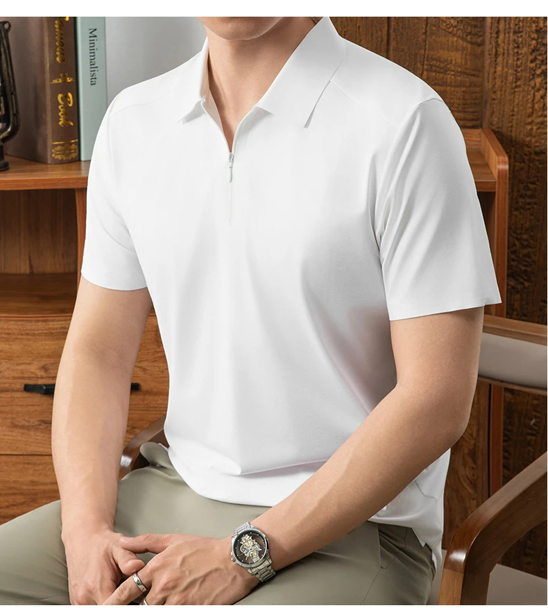 Luxuriöses Herren-Poloshirt mit halbem Reißverschluss kurzärmelig einfarbig hochwertige Eisseide atmungsaktiv Sommer neu lässig modisch T-Shirt – Detail 15