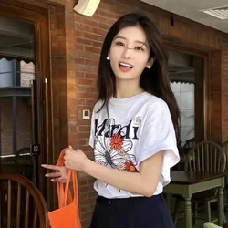 2024 Japan and Korea Fashion Sunshine Girl Flower T-Shirt Graphic Short Sleeve Cotton T-Shirt Trend Travel Casual Loose T-Shirt