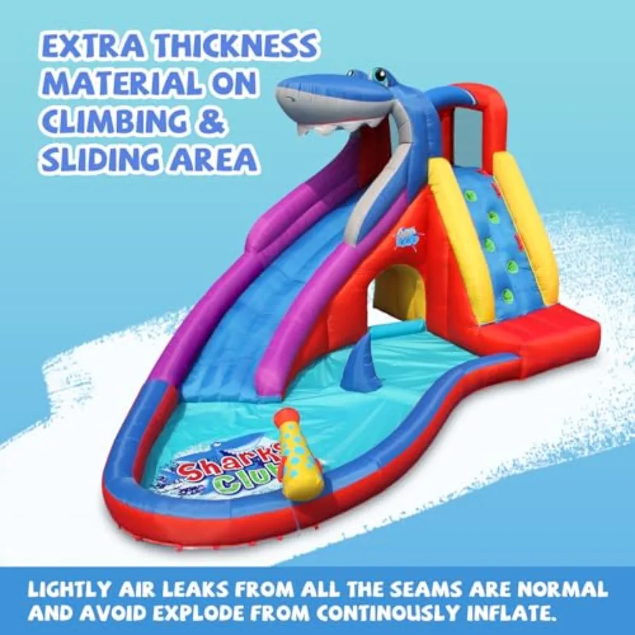 Opblaasbare waterglijbaan, Red Shark Bounce House met glijbaan voor nat en droog, speelplaatsensets voor kinderen in de achtertuin, waternevel, water