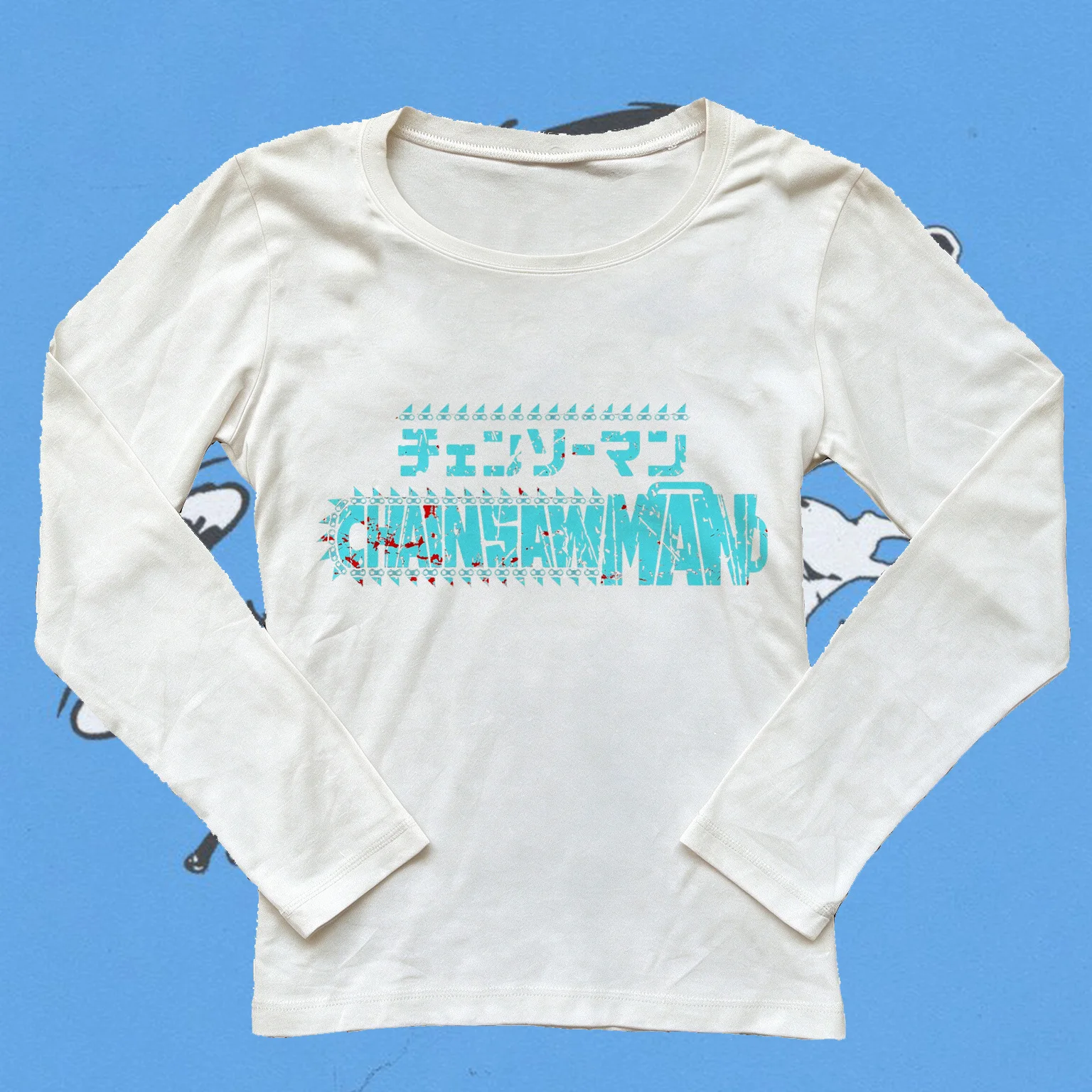 Women Slim Fit Long Sleeve T-shirt Chainsaw Man Logo Anime Print Tee O-neck Casual Manga Graphic Streetwear Long Sleeve Tops