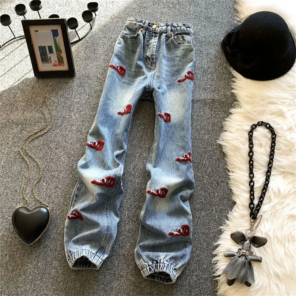 Bunched feet embroidered jeans women's 2023 spring new trendy high-waisted pear-shaped figure showing thin Daddy Harun pants