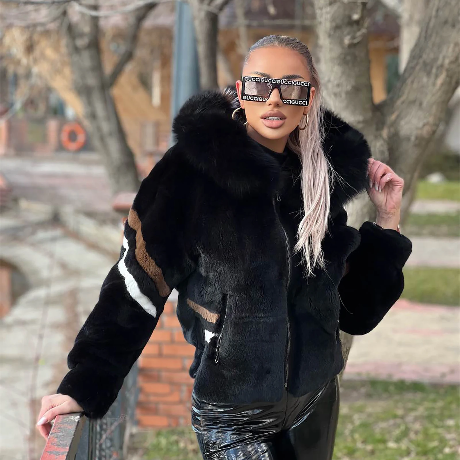 Fashion Black Real Rex Rabbit Fur Jacket with Fox Fur Trim of Hood High Quality Genuine Rex Rabbit Fur Jackets Woman Outwear