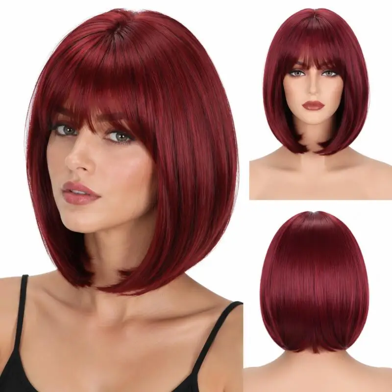 Short Bob Wig With Bangs Straight Synthetic Hair Wigs For Women Natural Look Daily Party Cosplay Heat Resistant Full 3 Color Wig image 3