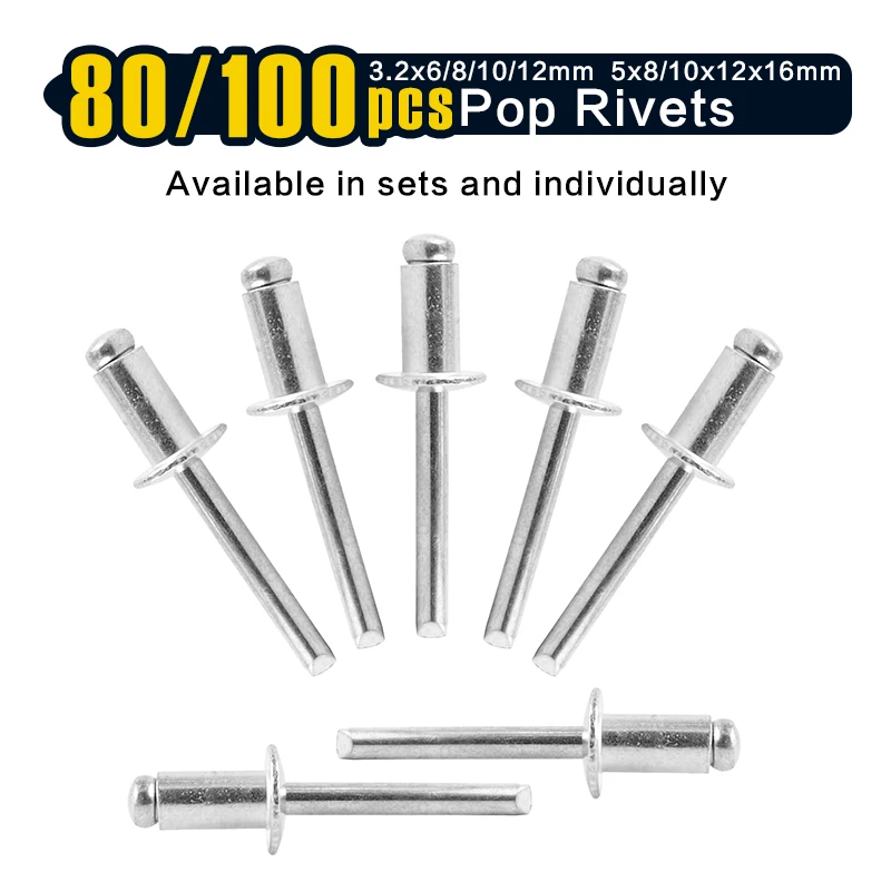 80/100 remaches ciegos de aluminio, (1/8 "3/16" X 1/4 "3/8" 1/2 "1") surtido de remaches pop, agarre de aluminio y mandril de acero