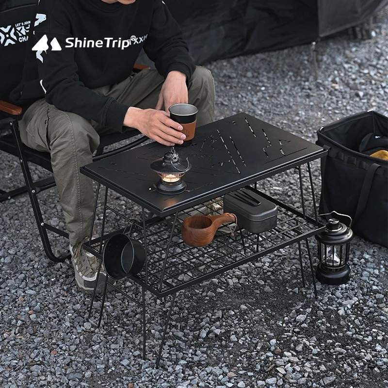 ShineTrip Camping-Tisch aus schwarzem Eisengitter, Schmiedeeisen-Grill-Kombination, tragbarer, zusammenklappbarer Grilltisch