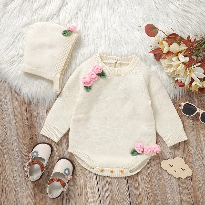 Newborn Baby Bodysuit Knit Girl Jumpsuit Outfits Long Sleeve Autumn Infant Kid Clothes Hat 2pcs 0-18M Fashion Cute 3D Floral Top