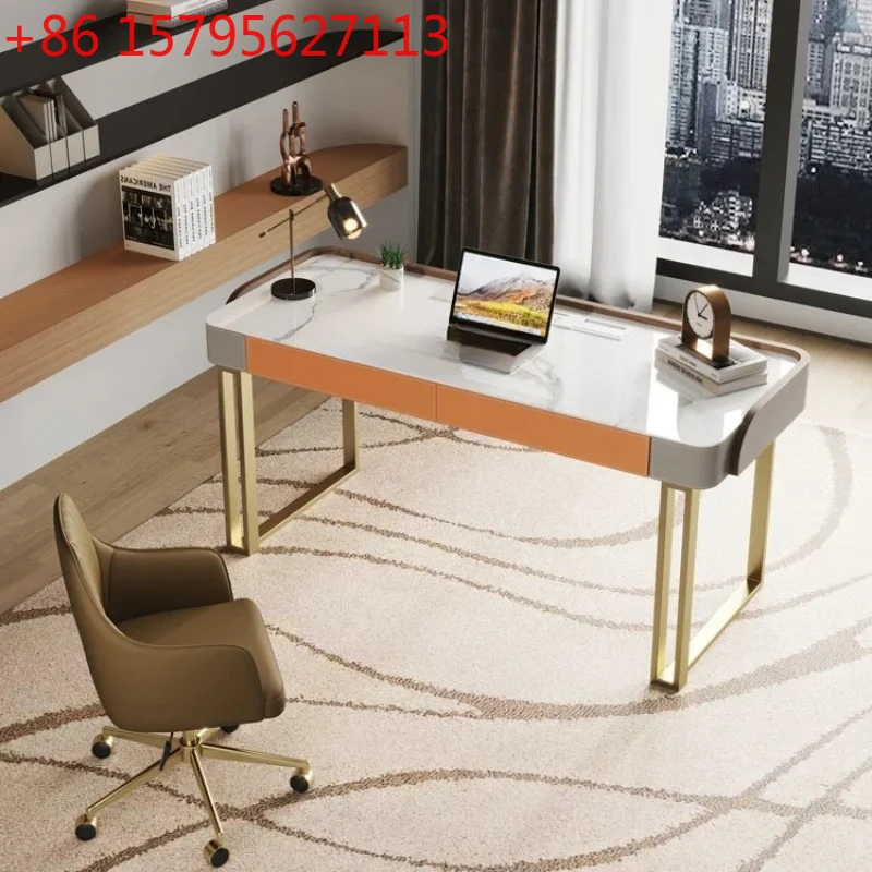 Saddle leather solid wood office desk household bedroom chest integrated rock slab computer desk