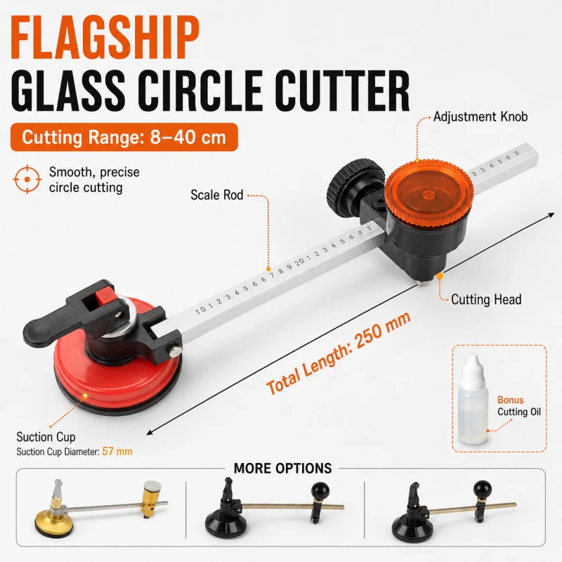 Glass Circle Cutter, High Precision Compass Scriber, Adjustable Round Hole Opener for Range Hood Mirror Tile