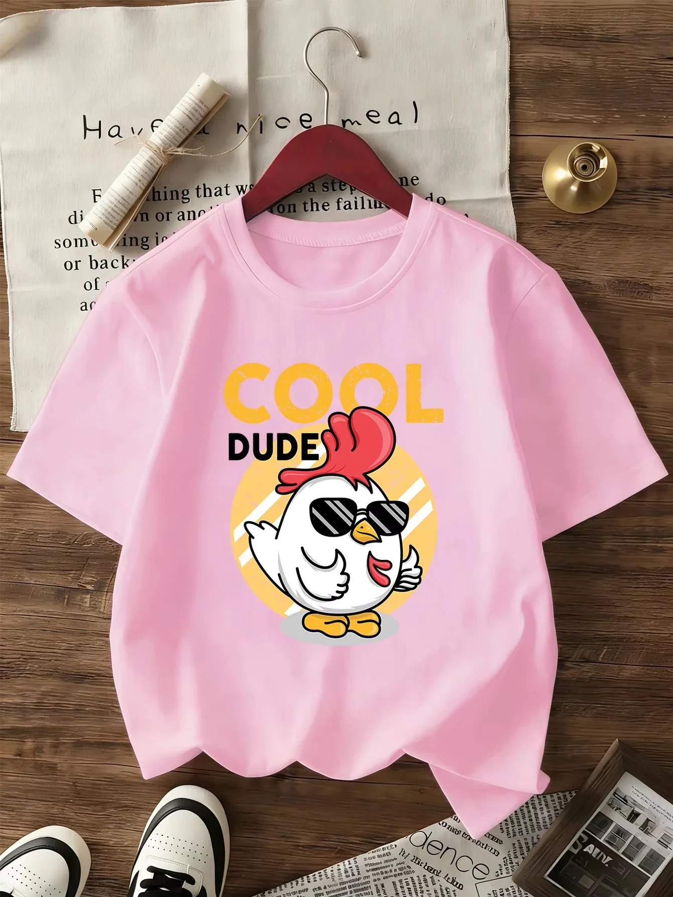 Kids Short Sleeve T Shirt Cool Dude Cartoon Chicken With Sunglasses Graphic Crew Neck Casual Summer Tee For Boys Girls