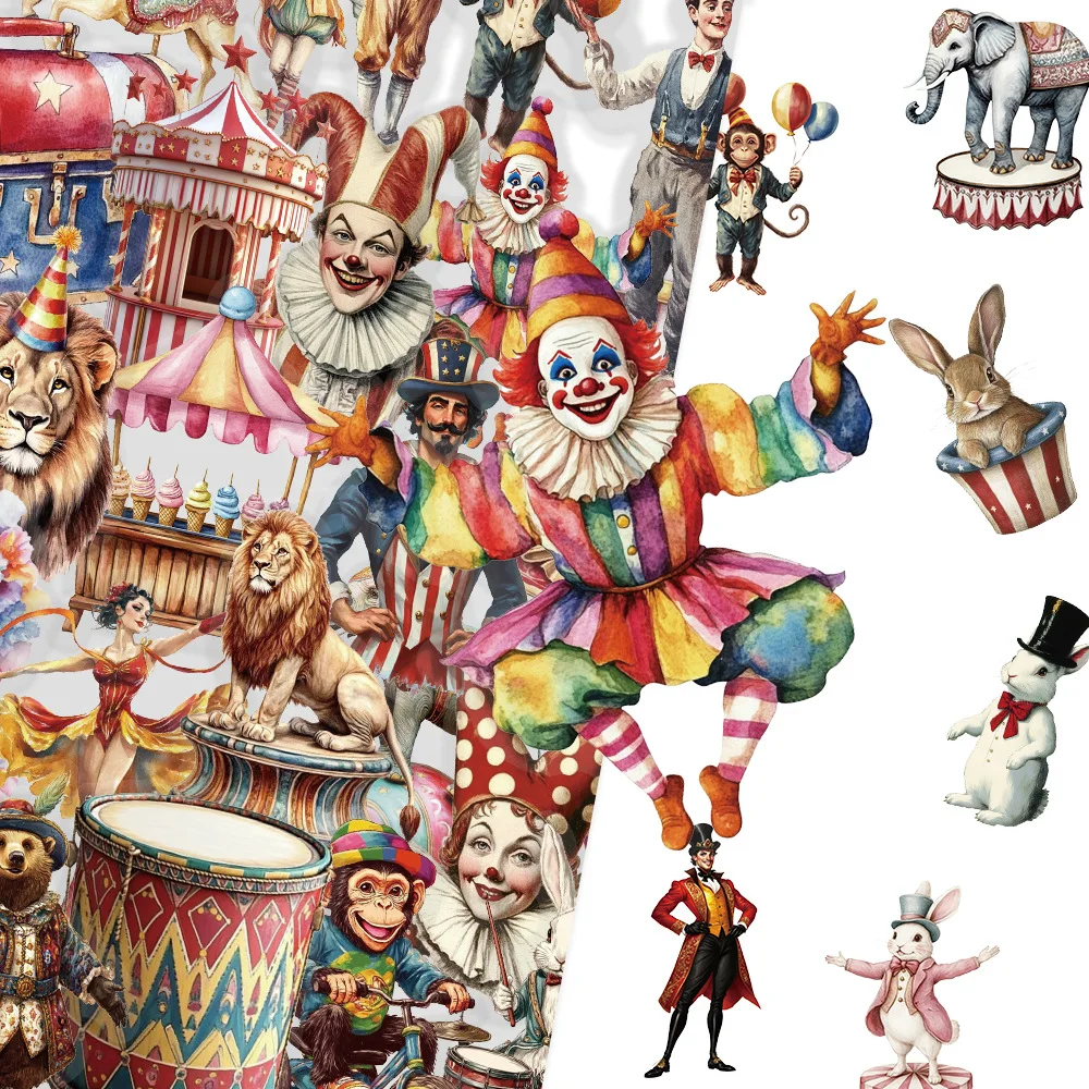 

50Pcs Carnival Circus PET Stickers, Funny Clown Decals, Clear Waterproof Stickers for Journal Photocard DIY Decor