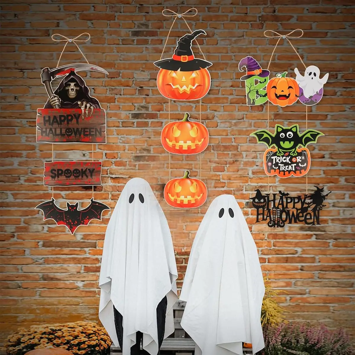 Halloween Door Hanging Sign Pumpkin Bat Ghost Witch Skeleton Front Door Wall Decor Trick Or Treat Party Hanging Ornament - view 2