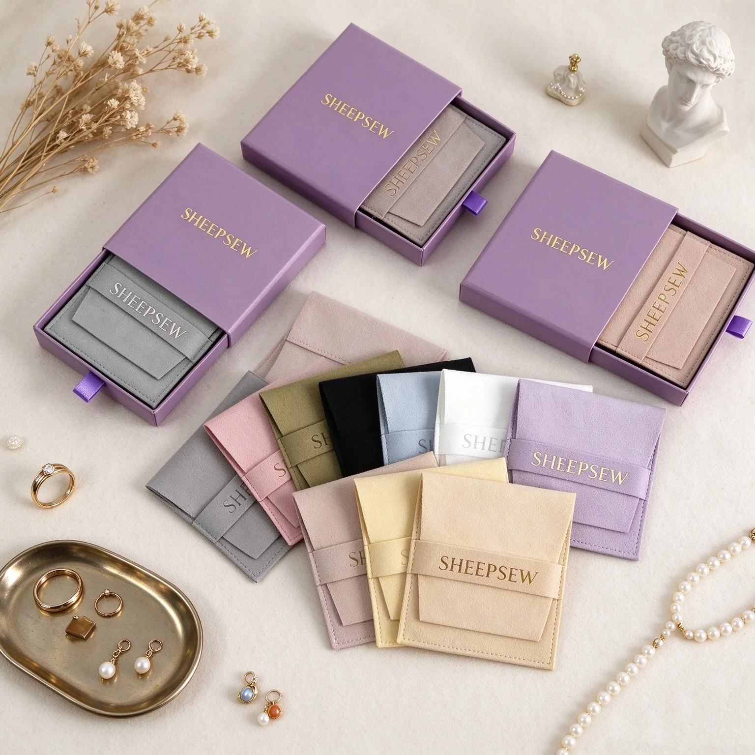 SHEEPSEW Purple Drawer Jewelry Box 9x9x2.5cm, 8x8cm Microfiber Strip Velvet Cotton Pouch, Custom Logo Wedding Favor Ring Earring